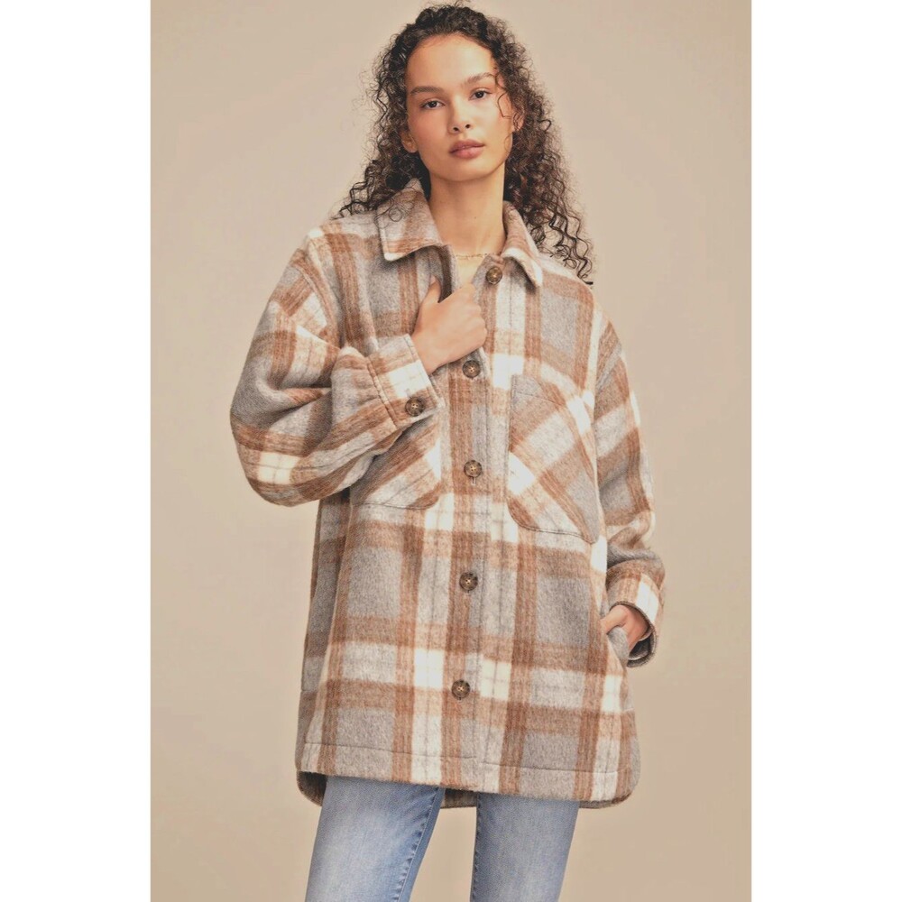 Lucky Brand Plaid Shacket Jacket Women’s L Gray Brown Button NWT Cozy